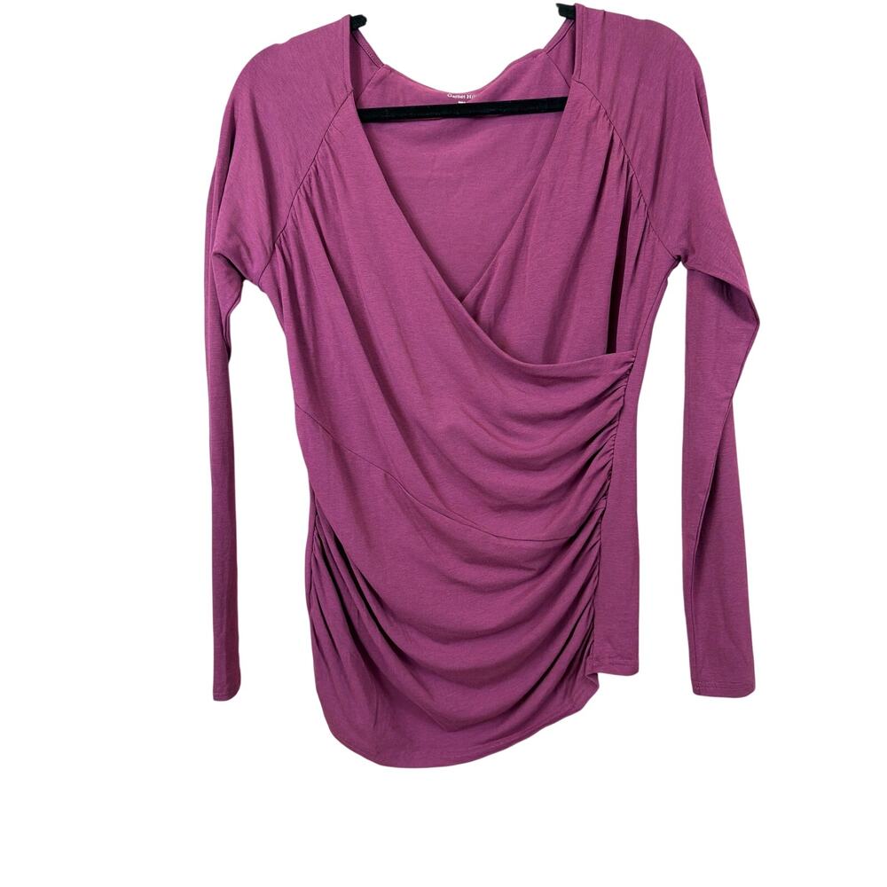 Garnet Hill Purple Faux Wrap Top Ruche Side Long Sleeve V Neck Womens M